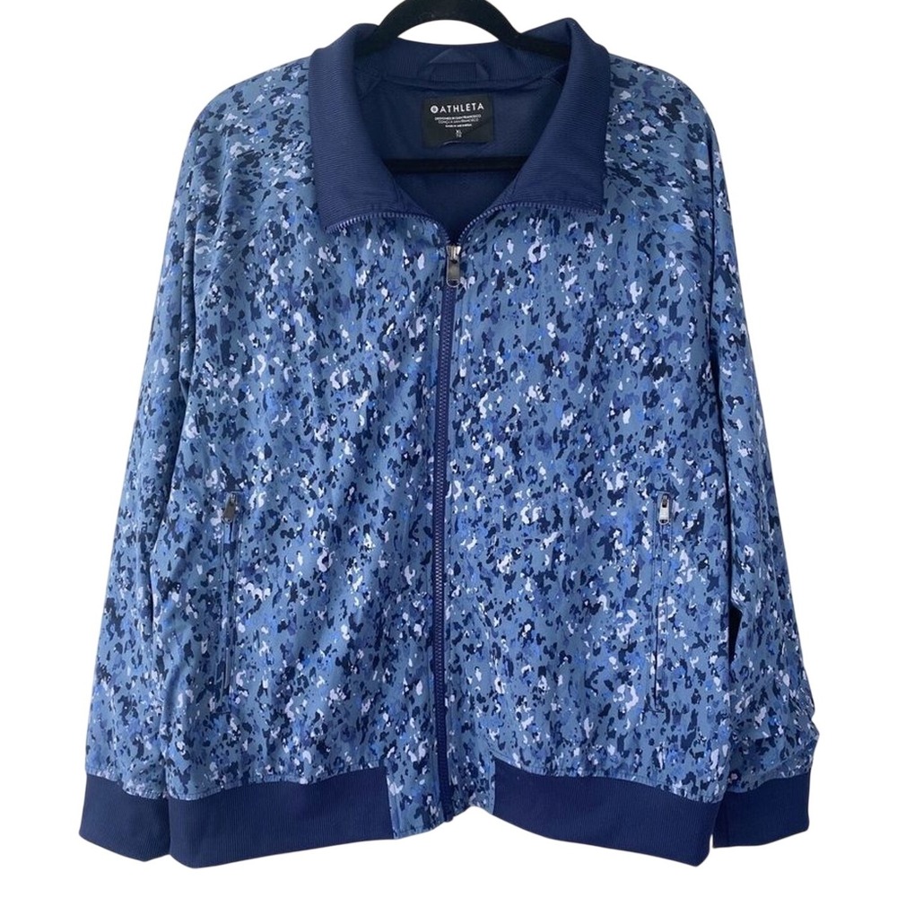 Athleta Womens Jacket XL Blue Brooklyn Bomber Cheetah Sporty Lightweight‎